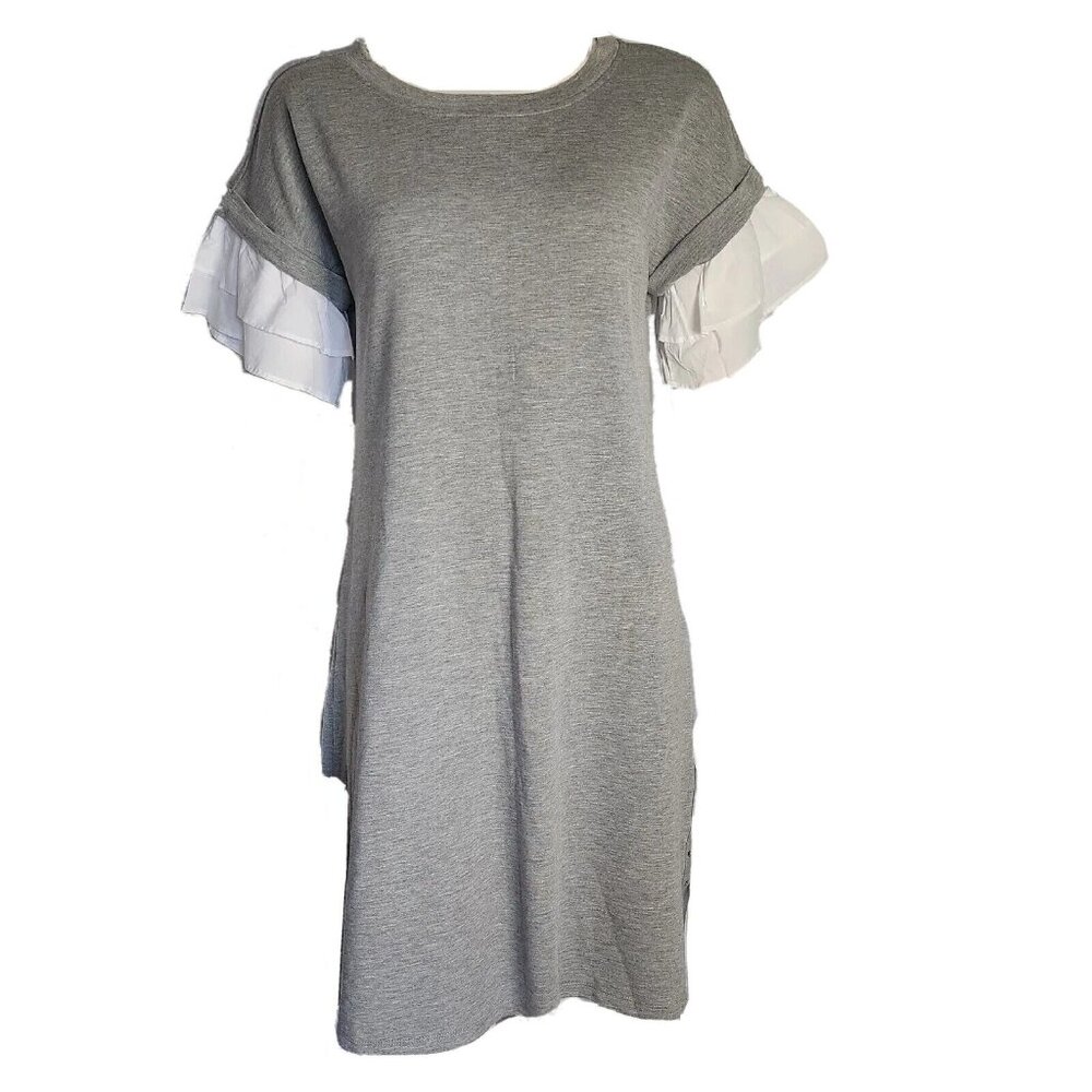Spense Dress Womens Size M Solid All Grey‎ Gray White Ruffle Sleeve Pullover NWT
